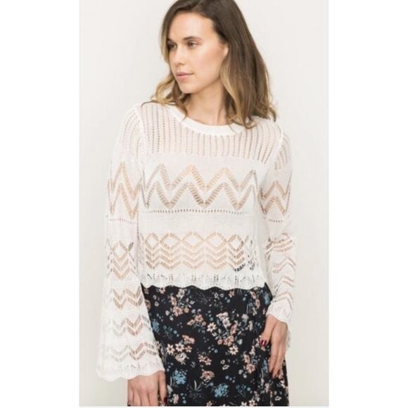 Anthropologie Mystree Pointelle Cropped Sweater Bell Sleeve Top - Picture 2 of 12